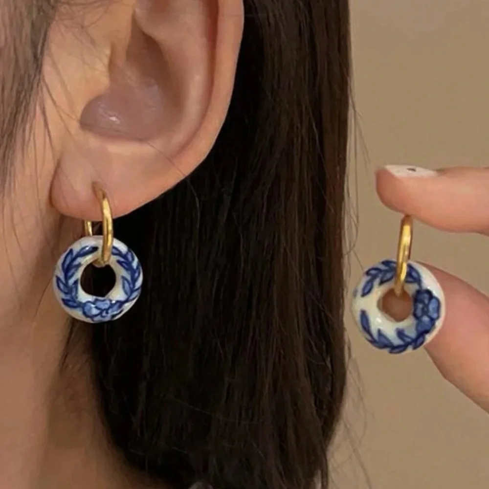 Blue White Porcelain Hoop Earrings Gold Small Hoops with Floral Ceramic Donut - Picture 2 of 5